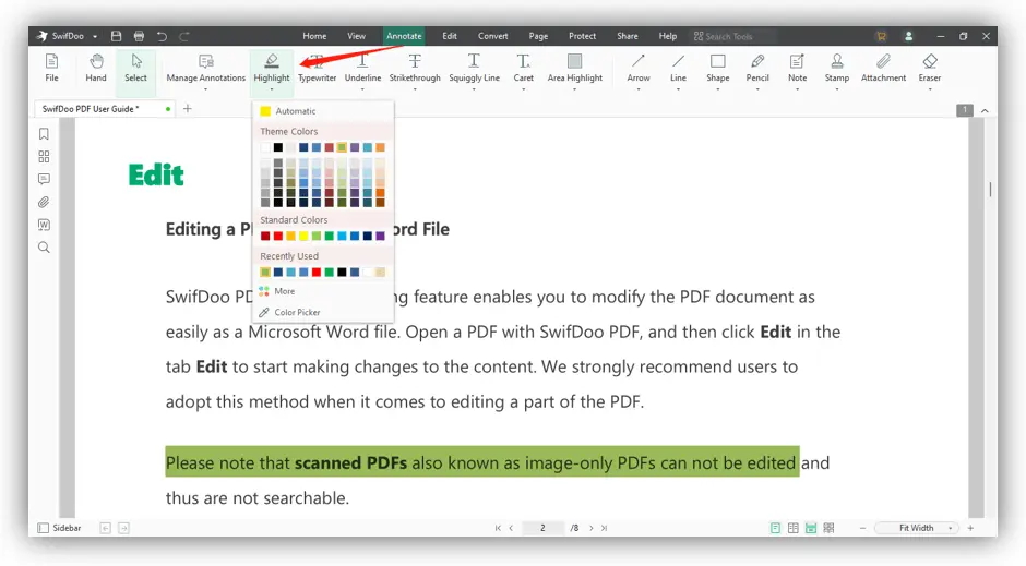 Herramienta de resaltado y anotación de texto en SwifDoo PDF