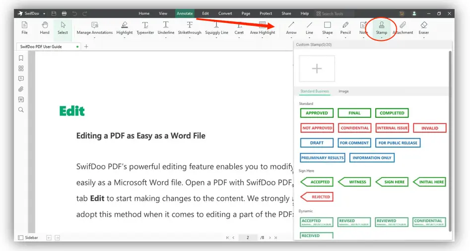 Agregar sellos personalizados y firmas a documentos PDF con SwifDoo PDF