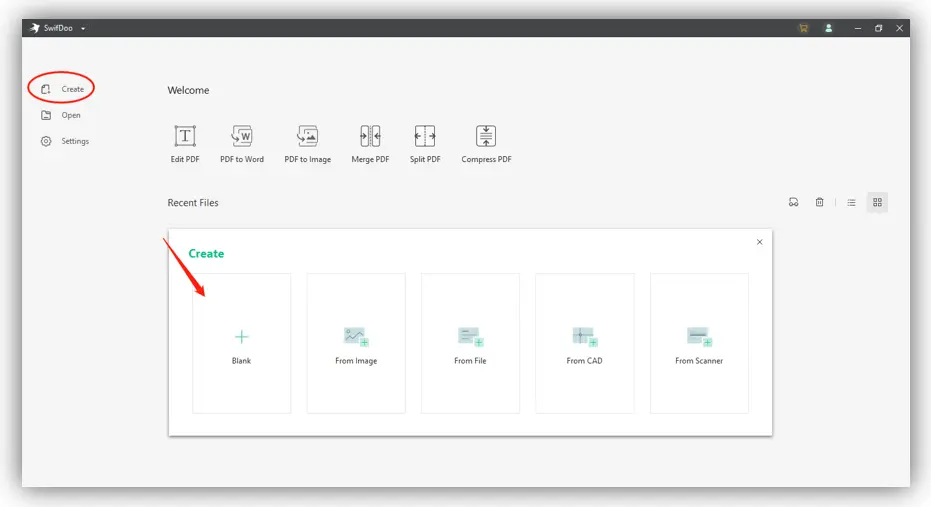 Interfaz principal de SwifDoo PDF para crear y editar documentos PDF