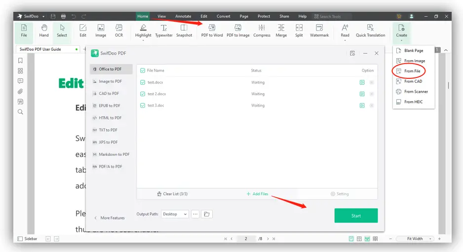 Creación por lotes de múltiples PDFs con SwifDoo PDF